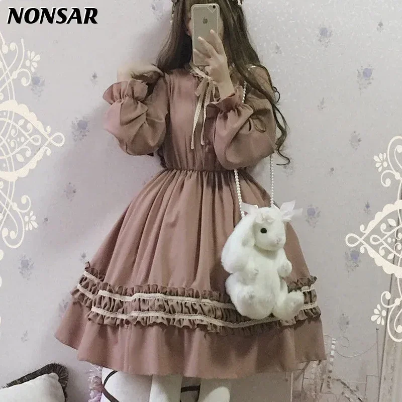 

NONSAR Classical Lolita Dress For Women Soft Sisters Temperament Long Sleeve Girls Op Sweet Cute Daily Bow Dress HOT SALE