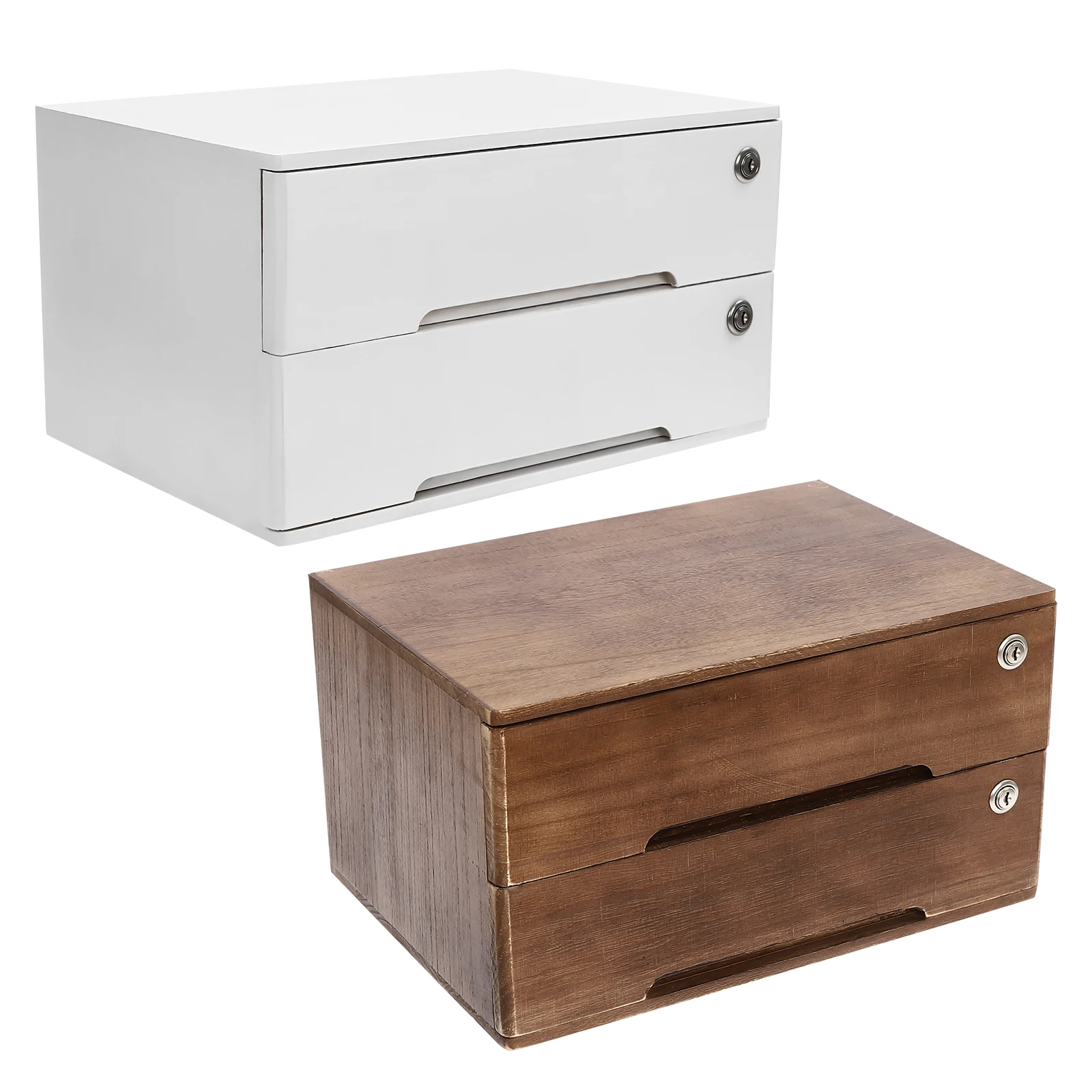2 Layers Wooden Office Supplies File Organizer Flat File Cabinet Desktop Storage Box with Lockable Drawers White/Walnut