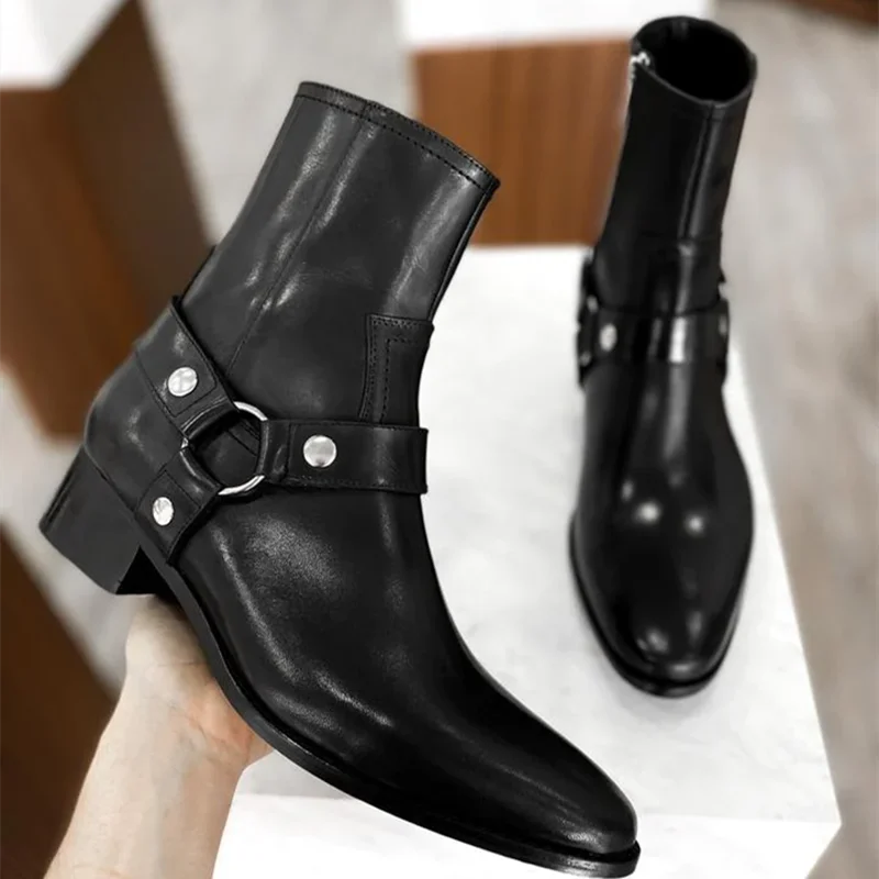 Men's Short Boots Black Genuine Leather Zip Business Low-heeled Handmade Ankle Boots for Men Zapatos Hombre