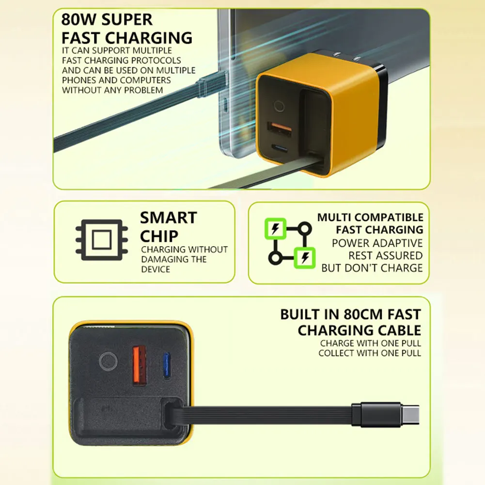 3 in 1 Fast Charger Portable Adapter 80w Max Retractable Phone with Type-C Cable and 2 USB Ports Quick Charger GaN Charger