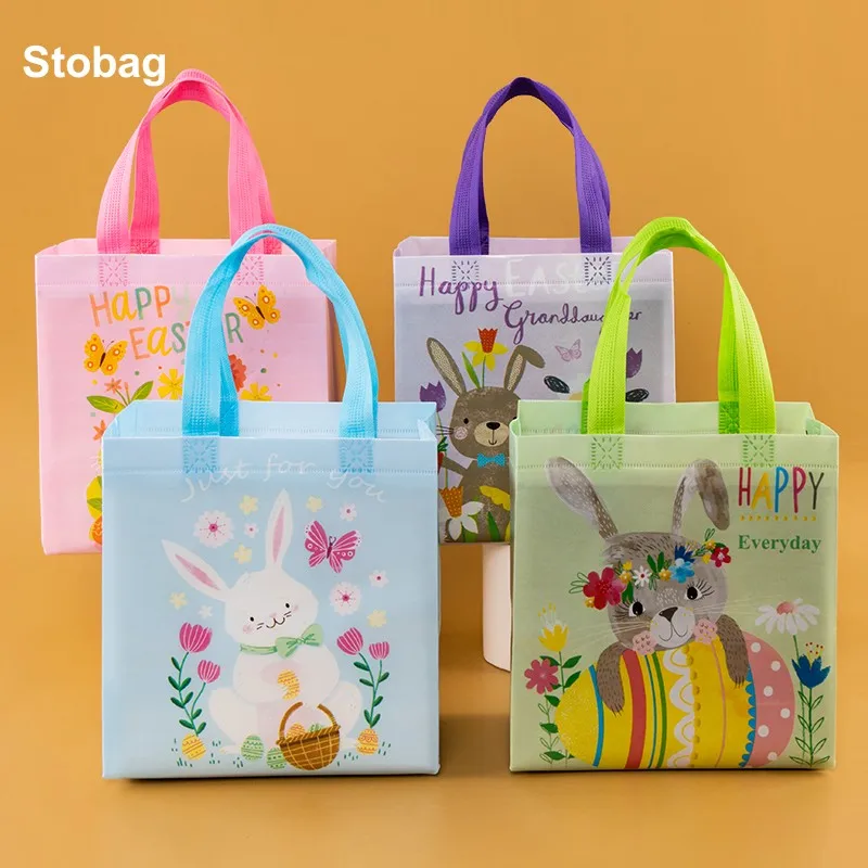 

StoBag 4pcs Easter Non-woven Tote Bags Egg Rabbit Gift Fabric Candy Snack Package Waterproof Storage Reusable Pouch Party Favor