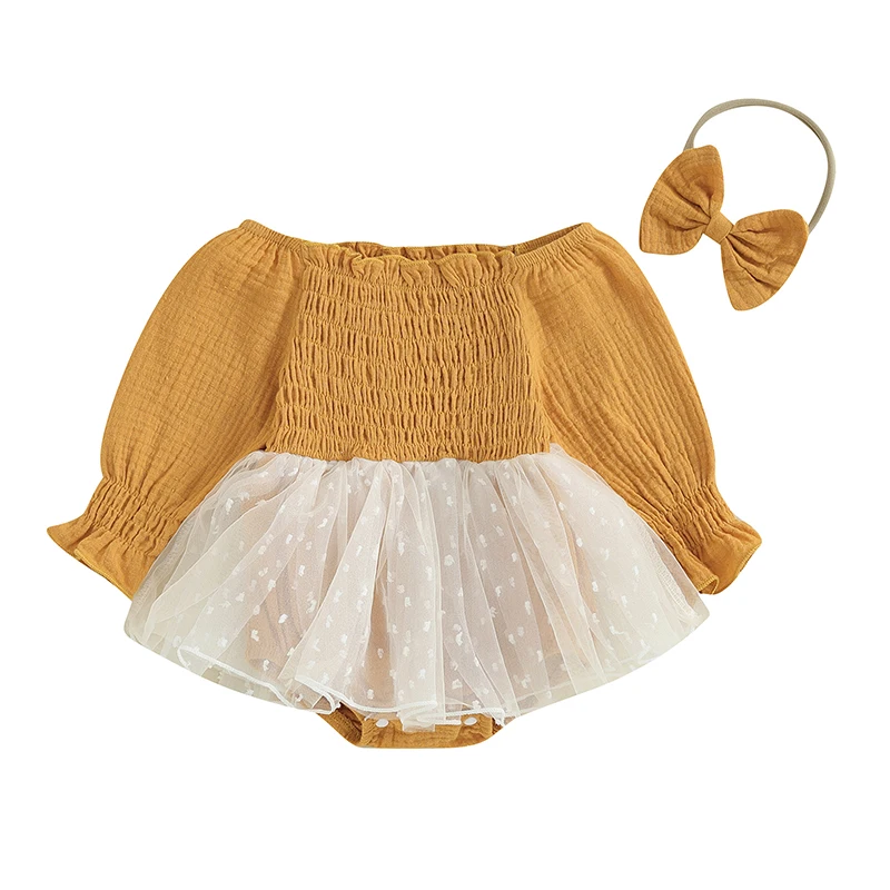 

Baby Girls 2 Piece Outfits Mesh Patchwork Long Sleeves Romper Dress and Cute Headband Set for Toddler Infant