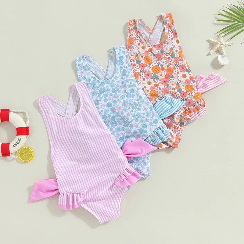 Toddler Girls Summer Swimsuit – Sleeveless Striped/Floral Print Bathing Suit for Kids Aged 1-6 Years Beachwear Swimwear
