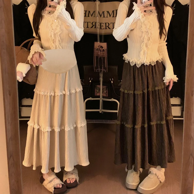 Autumn Winter Maternity Luxury Skirts Fashion Ruffles Lace Patchwork High Waist Pregnant Woman Ball Gown Skirt Cake Skirts Sweet