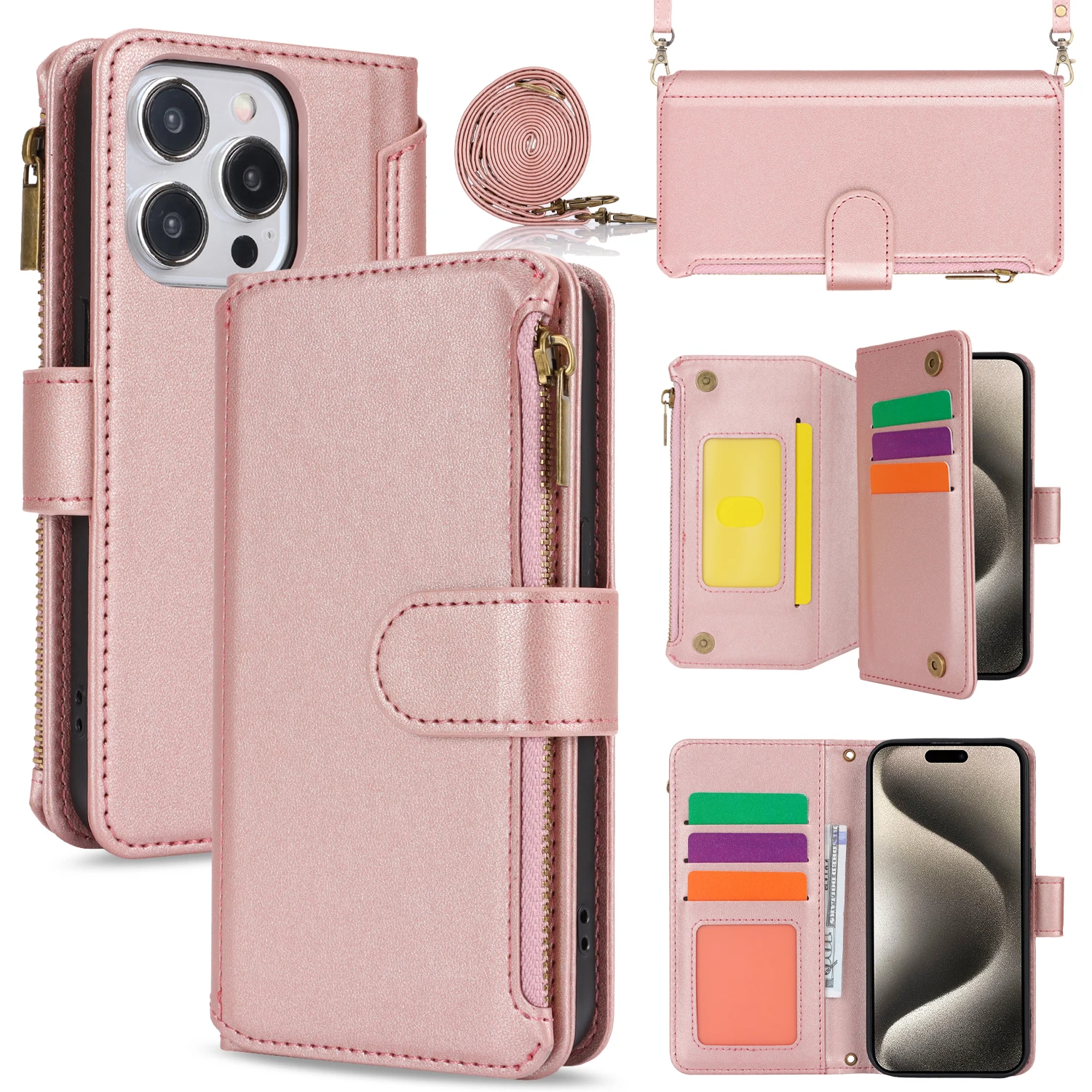 

Crossbody Cards Solt Wallet Leather Case For iPhone 15 Pro Max 14 Plus 13 12 11 XS XR 7 8 SE 2022 Long Lanyard Book Bag Cover