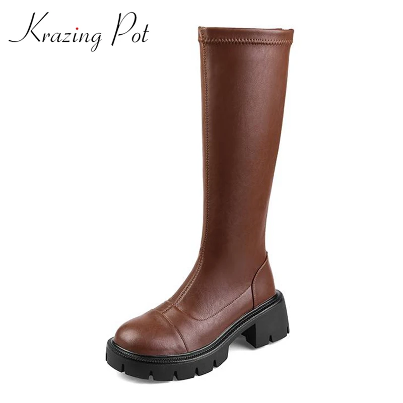

Krazing Pot 2024 Microfiber Round Toe Waterproof Winter Shoes Stretch Boots Platform Zipper European Design Ins Thigh High Boots