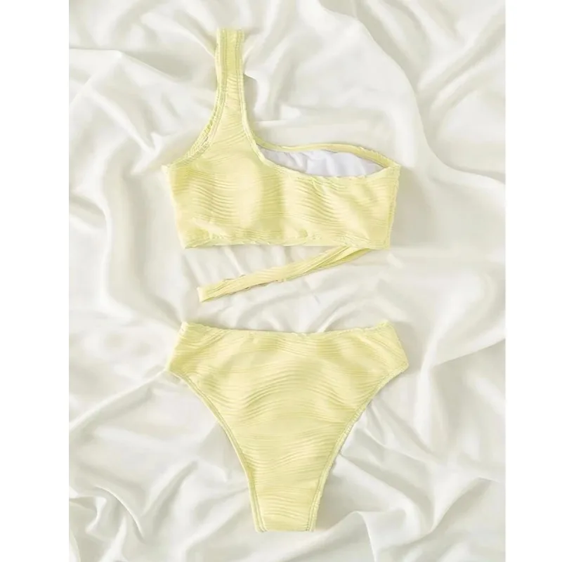 Women's Ribbed Bikini Sets One Shoulder Top with Mid Waist Two Piece Bathing Suit