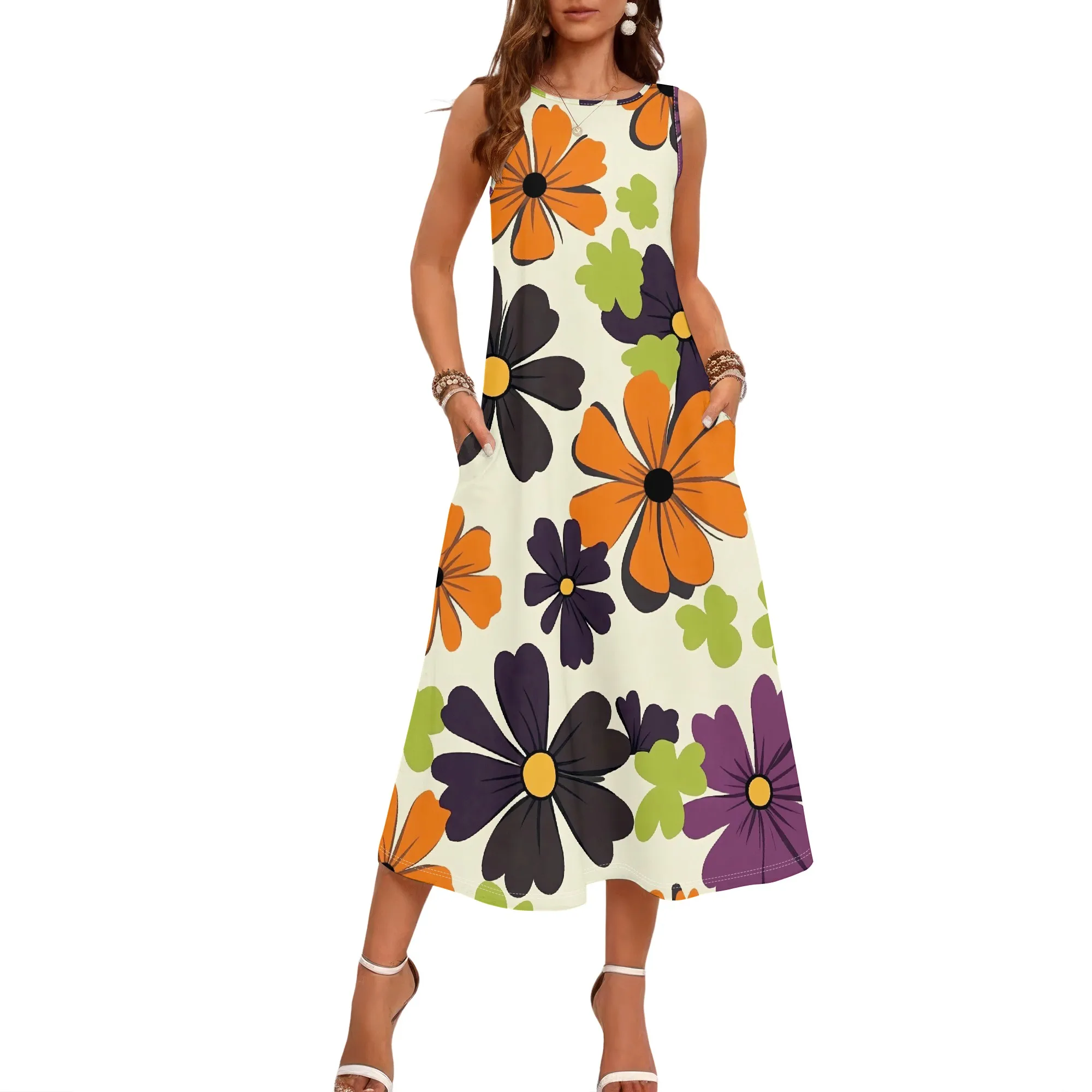 Damen-Kleid im lässigen Stil mit lockerem Rundhalsausschnitt, Sommerkleid mit geometrischem 3D-Print, schwarzem Stil, ärmellos, großes Swing-Kleid (mit Tasche) – Detail 8