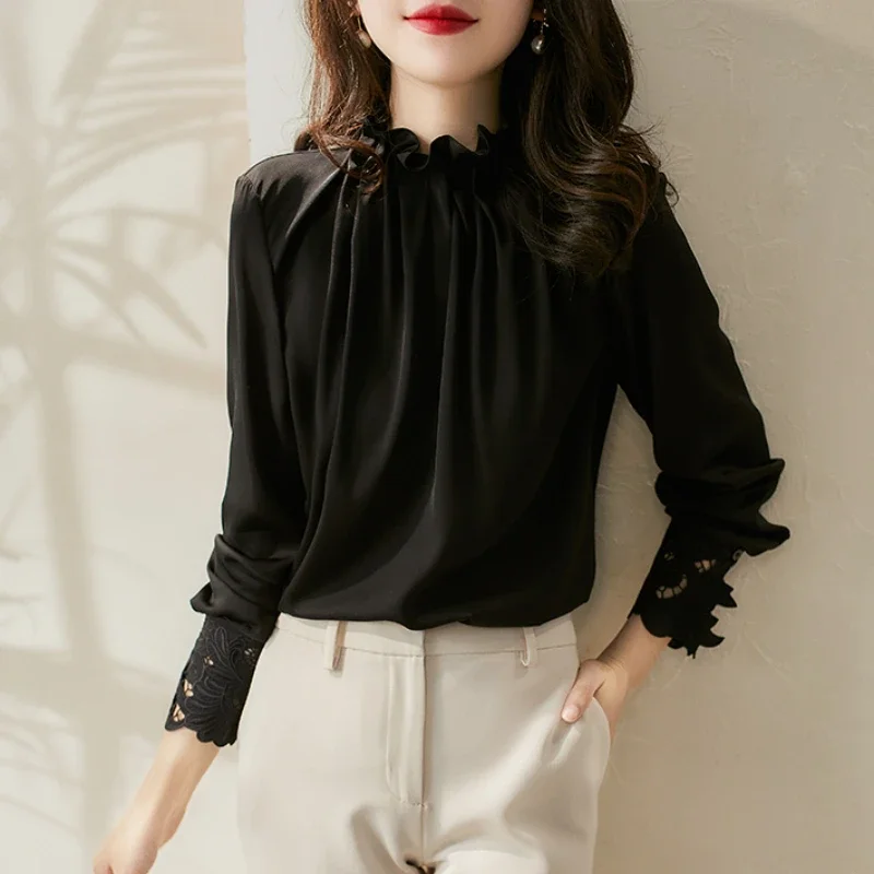 Satin Shirt for Women, Casual Blouses, Loose Fashion Lace Top, Long Sleeve, O-Neck Ruffle, Solid Silk, New, Summer 2024 Korean