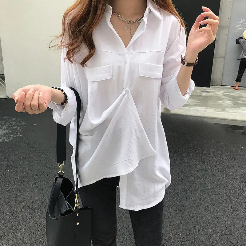 Clothes Spring White Tops for Women Long Sleeve Womens Shirt & Blouse Button Up Collar Vintage Sale of Trend 2023 Tall Fashion S