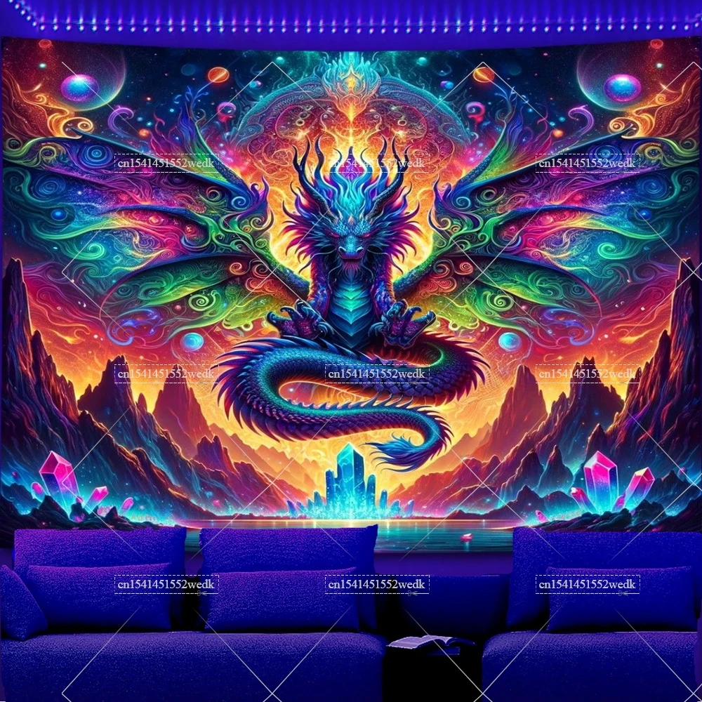 Fluoreszierender farbiger Drachen-Wandteppich, Schwarzlicht, UV-reaktiv, leuchtet im Dunkeln, Neon-Mountains-Wandteppiche, Raumdekoration, ästhetisches Poster – Detail 4
