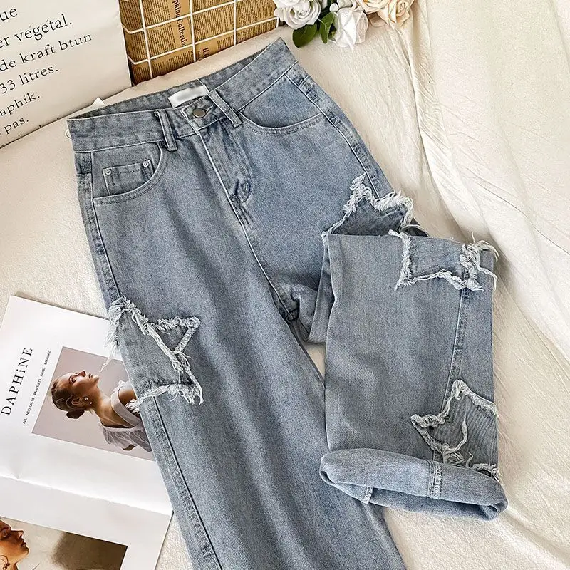 

Женские джинсы с завышенной талией, модные прямые брюки в Корейском стиле с широкими штанинами, в винтажном стиле, весна-осень 2024