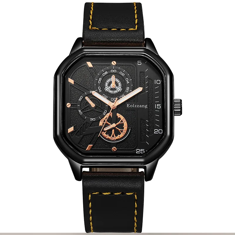 スタジオ1201 レザー切り替えシルクシャツ ストライプ スネイク柄 モード 黒 Men's Trend Square Leather Watch Black Tech Student British