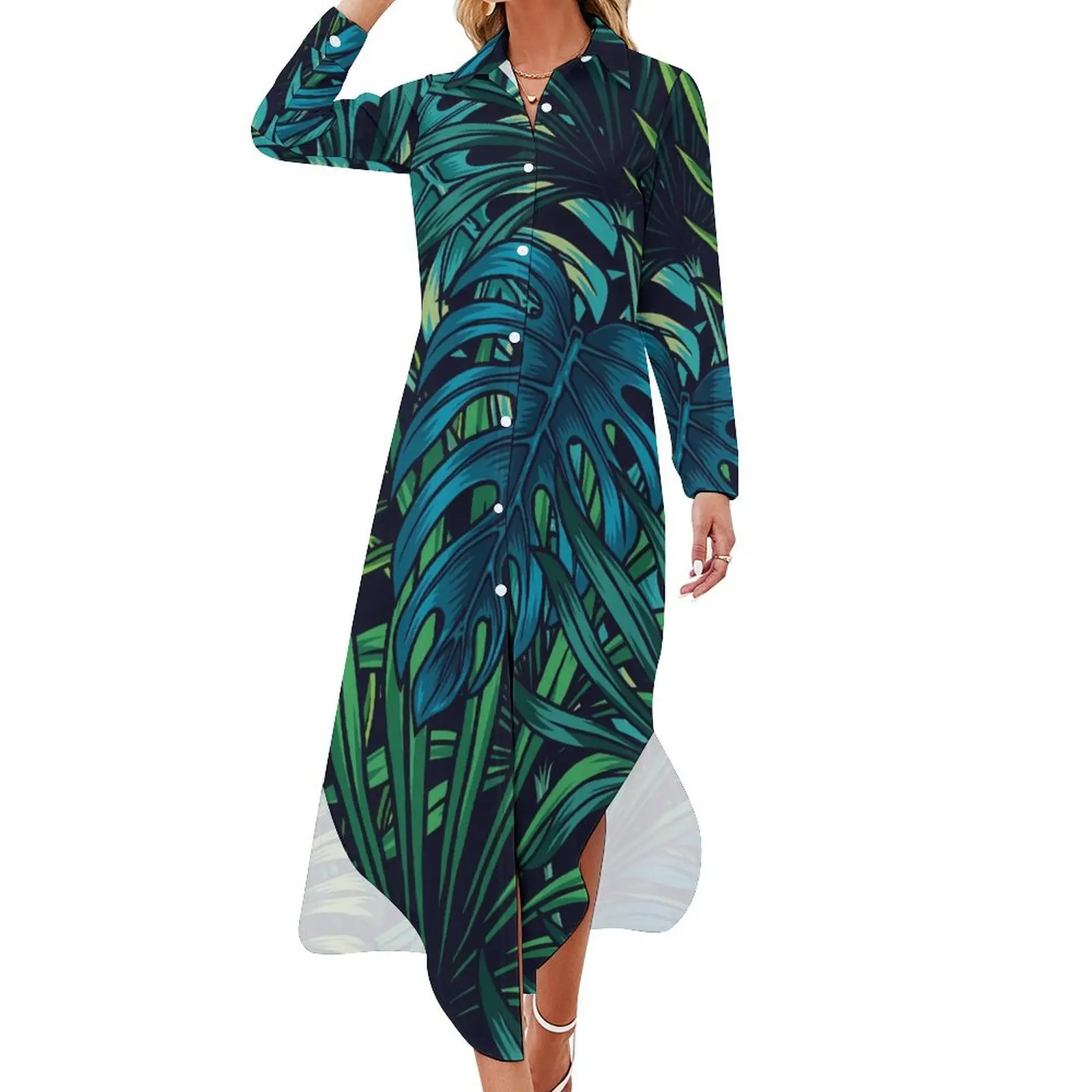 

Palm Leaf Casual Dress Tropical Plant Street Style Dresses Sexy V Neck Elegant Chiffon Dress Long Sleeve Vestido 4XL 5XL 6XL