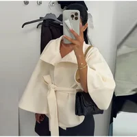 PRINTKAOIR Women's Poncho Coats Vintage Stand Collar Belt Button Lace Up Full Sleeve Overcoat Female Autumn New Lady Streetwears 5