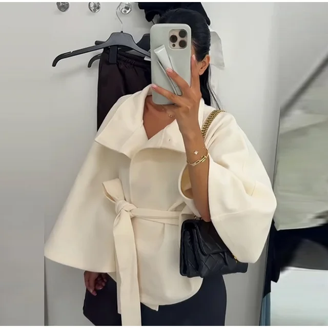 PRINTKAOIR Women's Poncho Coats Vintage Stand Collar Belt Button Lace Up Full Sleeve Overcoat Female Autumn New Lady Streetwears 5