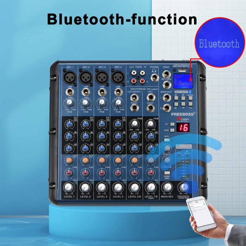Audio Mixer Freeboss 8 Channel Sound Mixing Console Bluetooth USB Record 16 DSP Delay Effect Church School Karaoke Party DJ Audio Mixer SMR8
