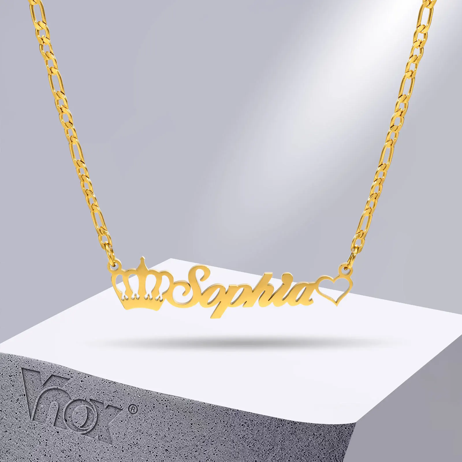 Vnox Personalized Name Necklaces for Women Girls, Stainless Steel Figaro Link Chain, Heart Crown Letters Initial Collar Gfit