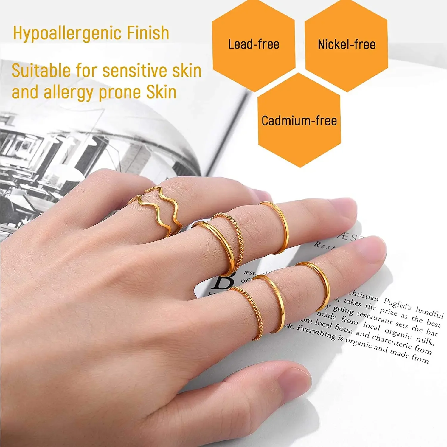 U7 8pcs/set Dainty Simple Knuckle Ring Set for Women Gold Color Stainless Steel Ball Wave Twisted Cable Band Jewelry Set Gift