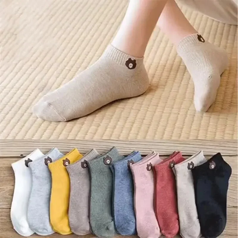 Cute Bear Socks 10 Pairs Women Low Tube Socks Set Fashion Breathable For Female Casual Style Comfortable