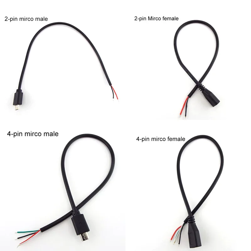 

5pcs Micro USB 2.0 A Female Jack Android Interface 4 Pin 2 Pin Male Female Power Data Charge Cable Cord Connector 30CM