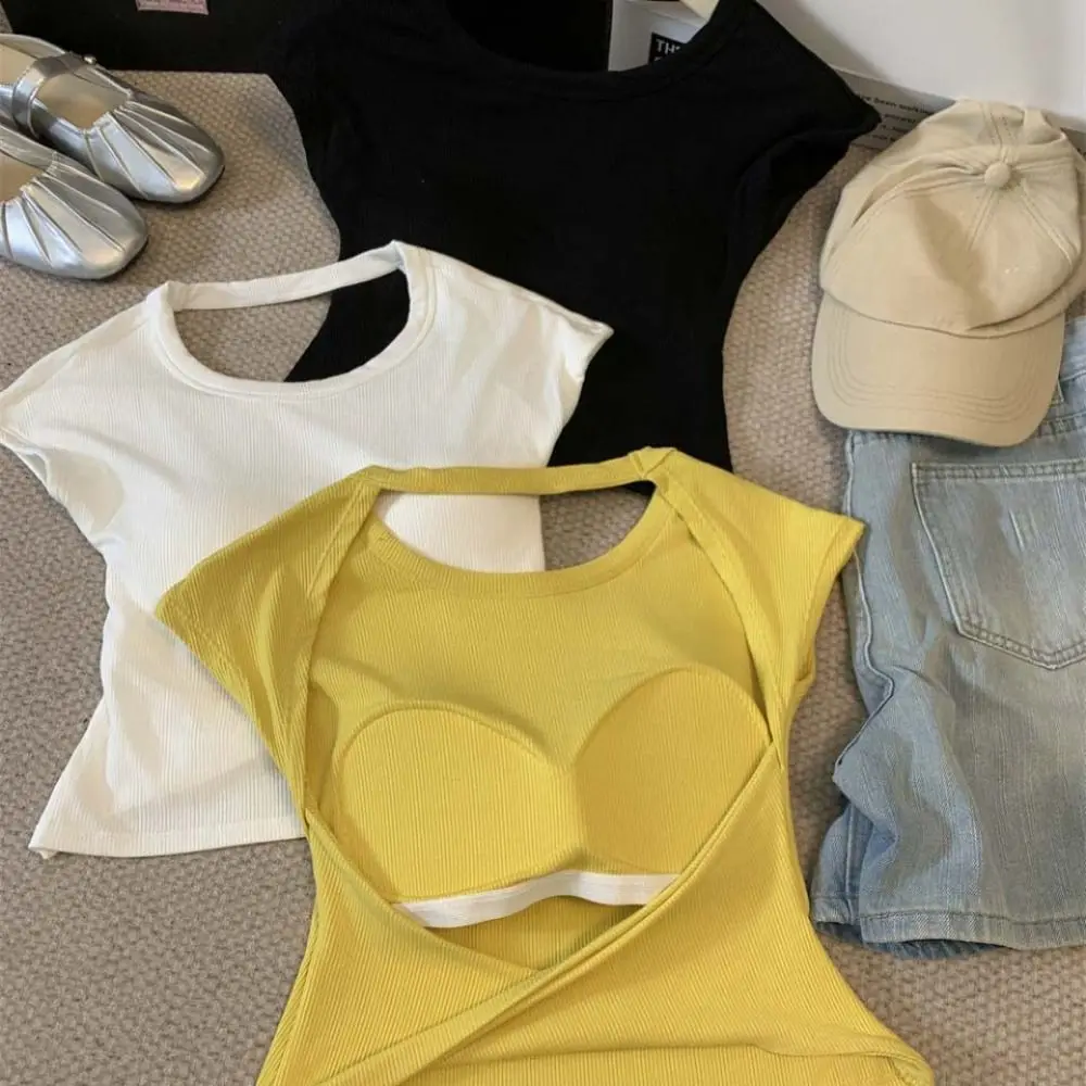 Elegant Hollow out Beauty Back T-shirt Short Sleeve Round Neck Slim Crop Tops Bottoming Shirts Y2k Vest with Pads Summer