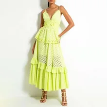 

SaintDaisy Women Boho Long Maxi Dress Plus Size Pink White Yellow Summer Flounced Edge French Robe Midi Elegant Lace 55297