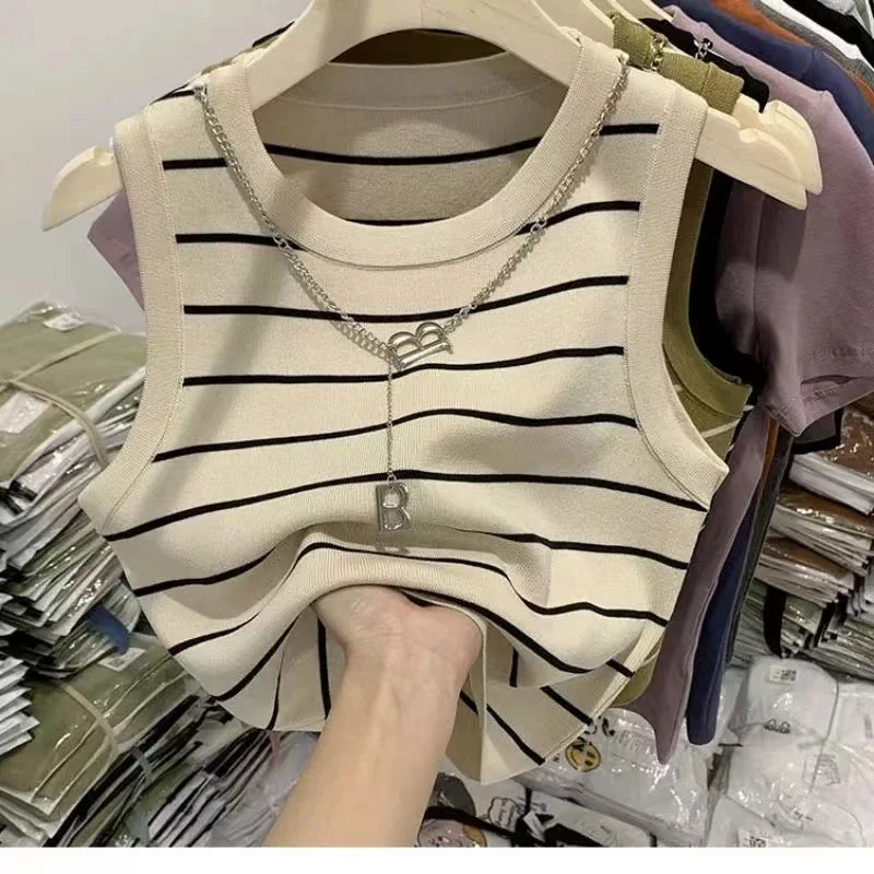 Gilet extensible rayé, haut court basique et polyvalent, vêtements pour femmes, nouvelle collection 2025