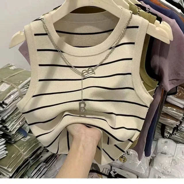 Gilet extensible rayé, haut court basique et polyvalent, vêtements pour femmes, nouvelle collection 2025 1