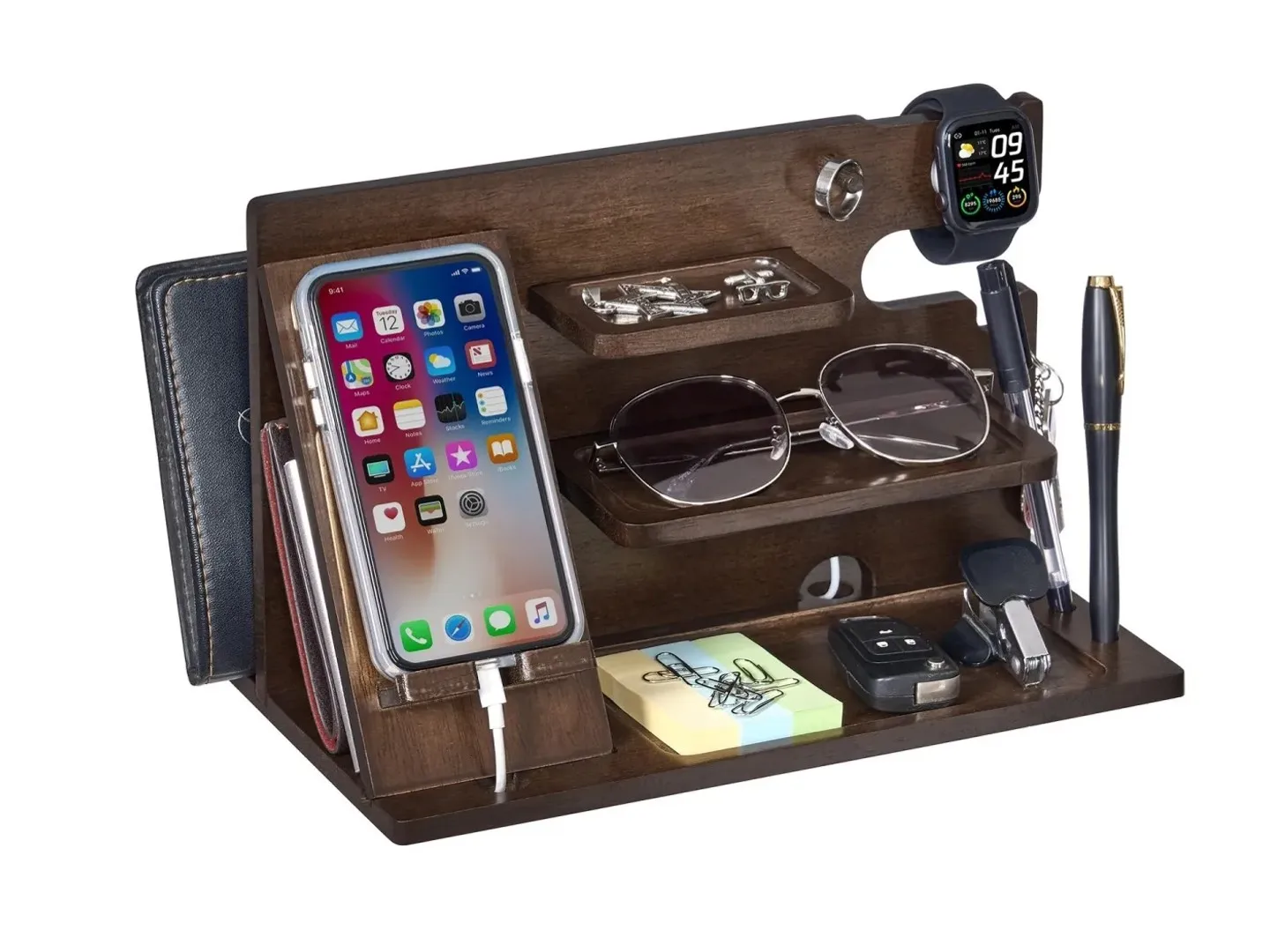 Wooden Walnut-colored Storage Shelf Bedside Stand for Watches Rings Glasses Headphones Miscellaneous Items in the Bedroom