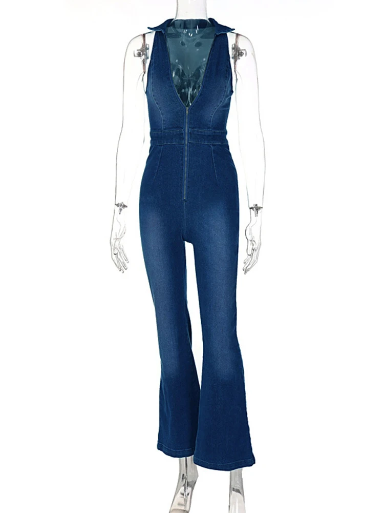 Hugcitar Denim Jumpsuit V Neck Zipper Bell Sleeveless Sexy Outifts