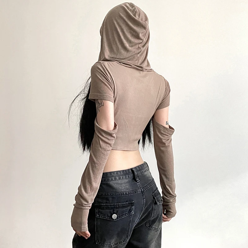 y2k Crop Top Women Punk Gothic Clothes Solid Color Long Sleeve Hooded T Shirt with Thumbhole Wasteland Tee Streetwear