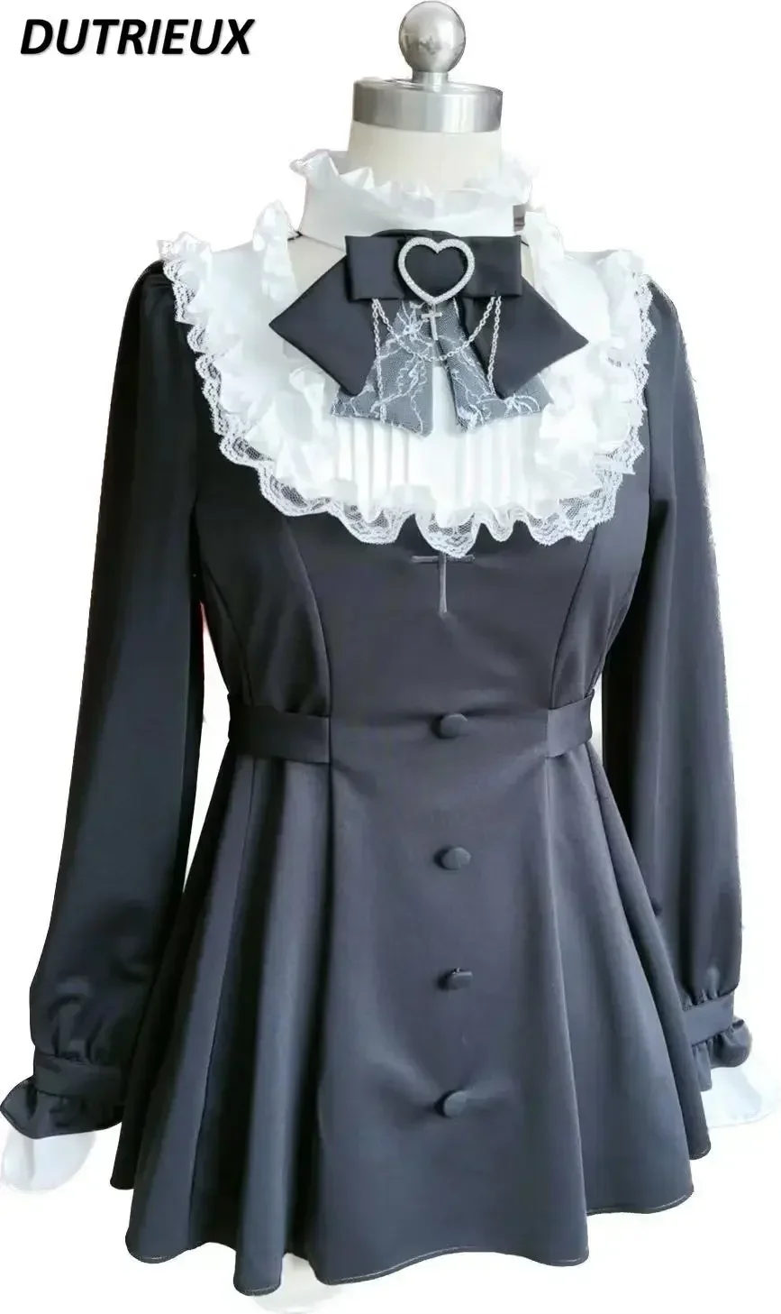 

Lolita Mine Lace Black Long Sleeve Embroidered Cinched Patchwork Mass-Produced Lace Bow Shirt Dress and Base Shorts Outfits