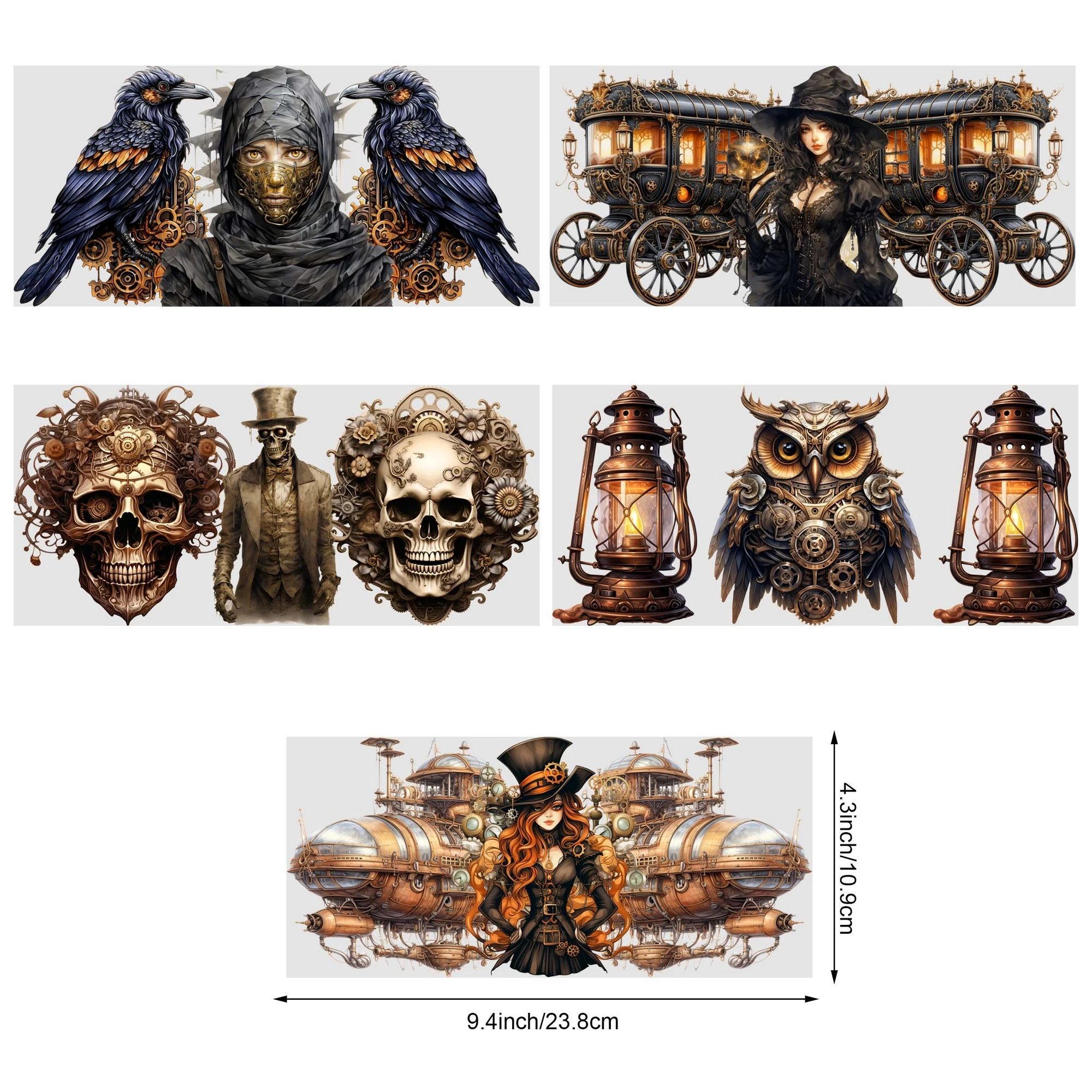 Halloween Steampunk UV DTF cup stickers waterproof steampunk style wipe transfer paper 5 sheets suitable for 16 oz glass