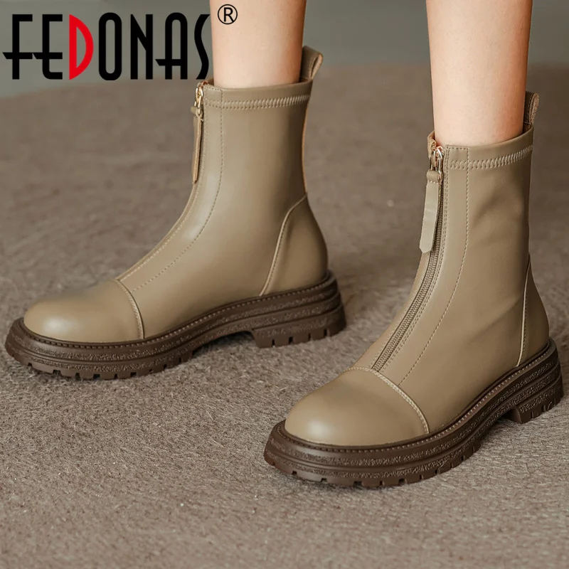 

FEDONAS Autumn Winter Classic Zipper Women Ankle Boots Round Toe Genuine Leather Thick Heels Platform Casual Outdoor Shoes Woman