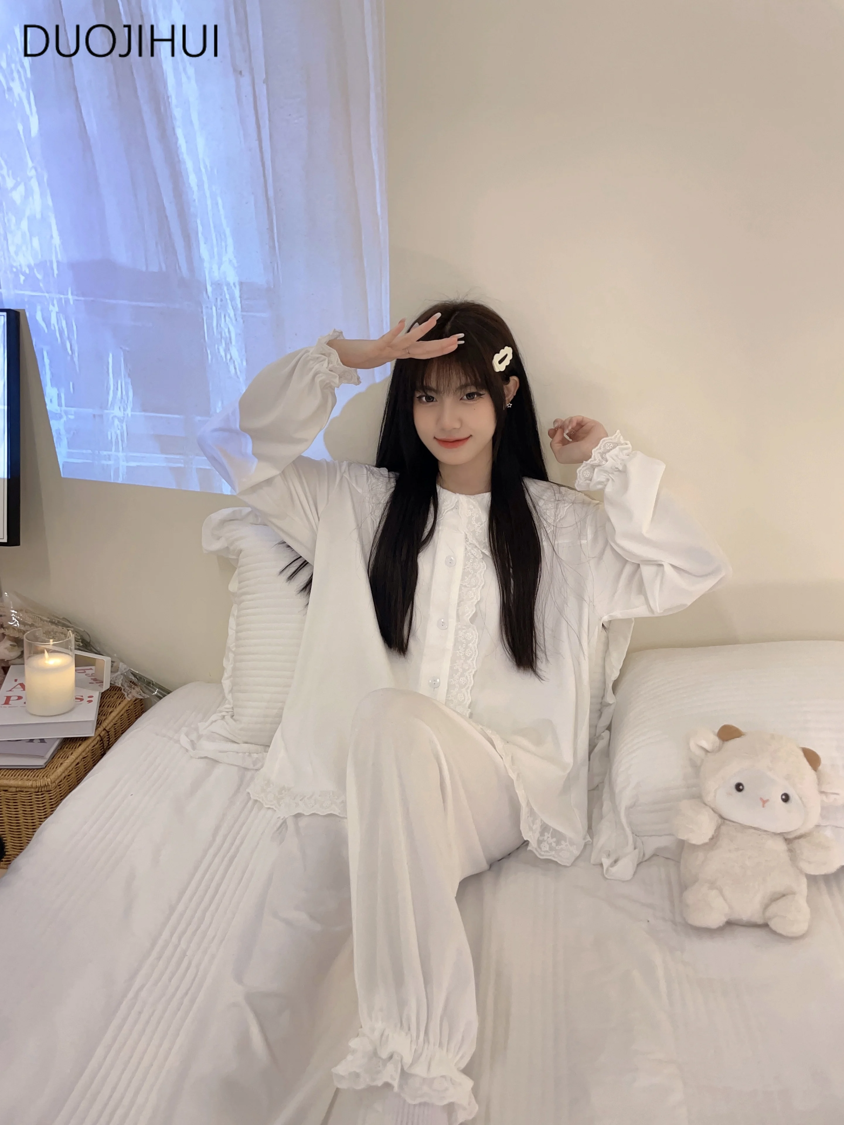 DUOJIHUI Korean Two Piece Sweet Lace Female Pajamas Sets Spring Chicly Button Cardigan Simple Pant Casual Home Pajamas for Women