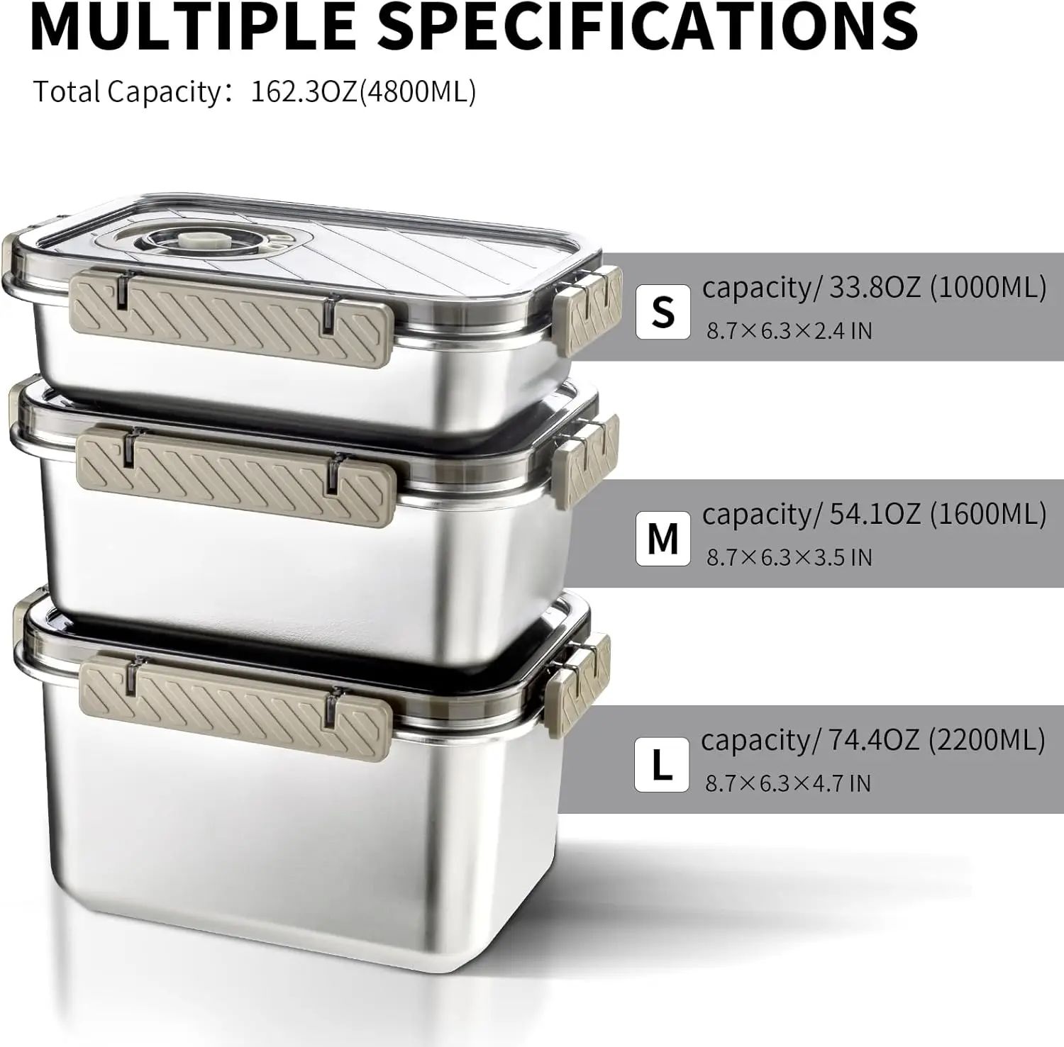 3pcs/Set Medium Size Stainless Steel Food Storage Containers Preservation Box (1000/1700/2200ML)