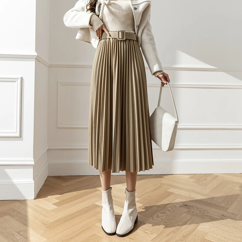 

Big Swing Pleated Skirt Belt Autumn Winter Fashion 2022 New All Match Casual Long Skirt Women Street Wear High Waist I631