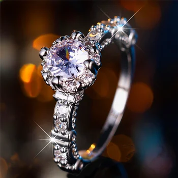 Female White Zircon Stone Round Finger Ring Vintage Silver Color Wedding Band Bridal Jewelry For Women