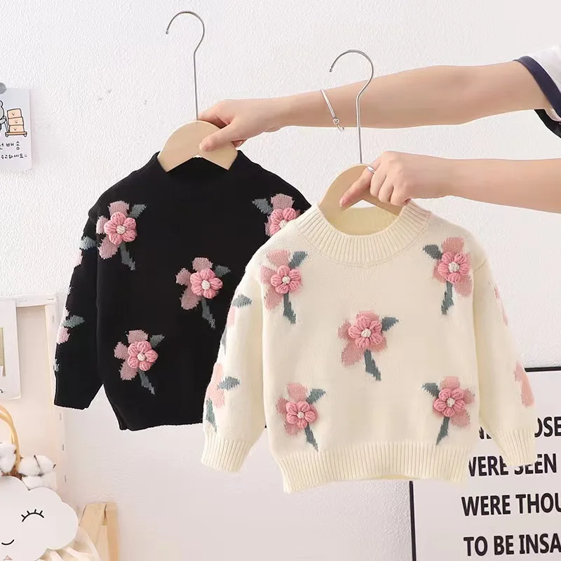 

2-7 Year Old Children's Clothing Autumn Winter New Girl Cute Little Flower Baby Knitted Pullover Children's Sweater Base Shirt