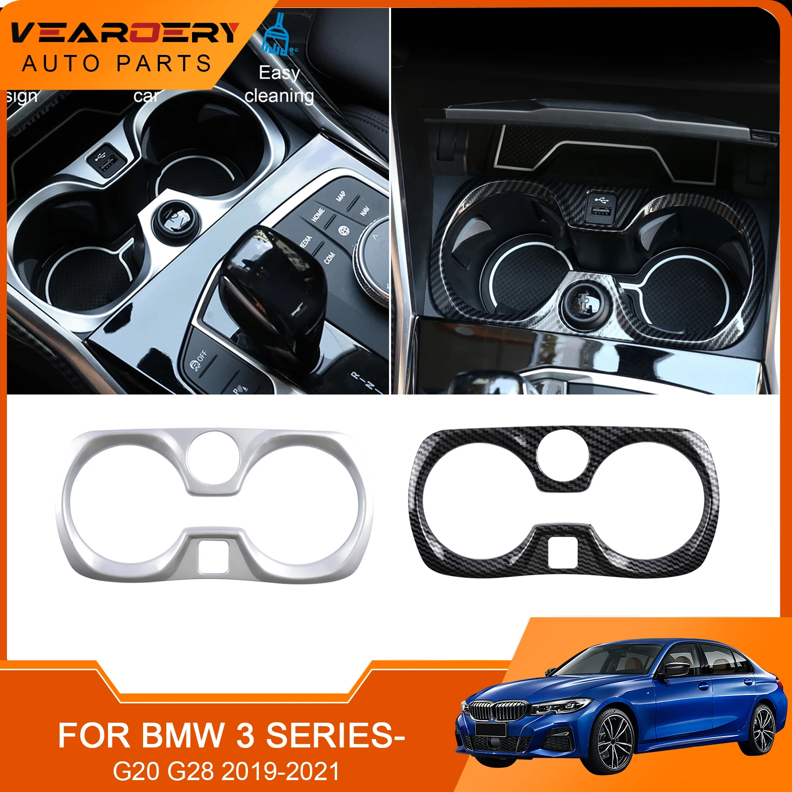 

For BMW 3 Series G20 G28 2019 2020 2021 ABS Carbon Fiber Style Central Gear Shift Panel Water Cup Holder Frame Protective Trim
