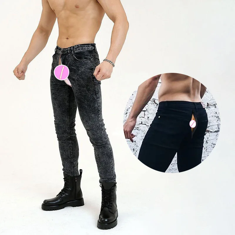 Winter Velvet Men's Jeans Outdoor Sex Open Crotch Pants with Invisible Zipper Casual Cargo Denim Pants Workout Exercise Pants