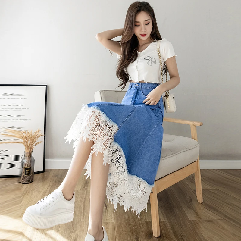 

New Fashion High Waist Lace Split Long Skirt Women Spring Casual Sexy Ladies Denim Umbrella Skirts Female Girls Kawaii Clothing