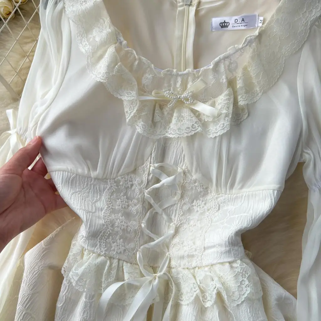 Autumn Elegant Wedding Princess Party Dress Women Korean Jacquard Fairy Vintage Lace-up Lantern Sleeve Dresses Vestidos