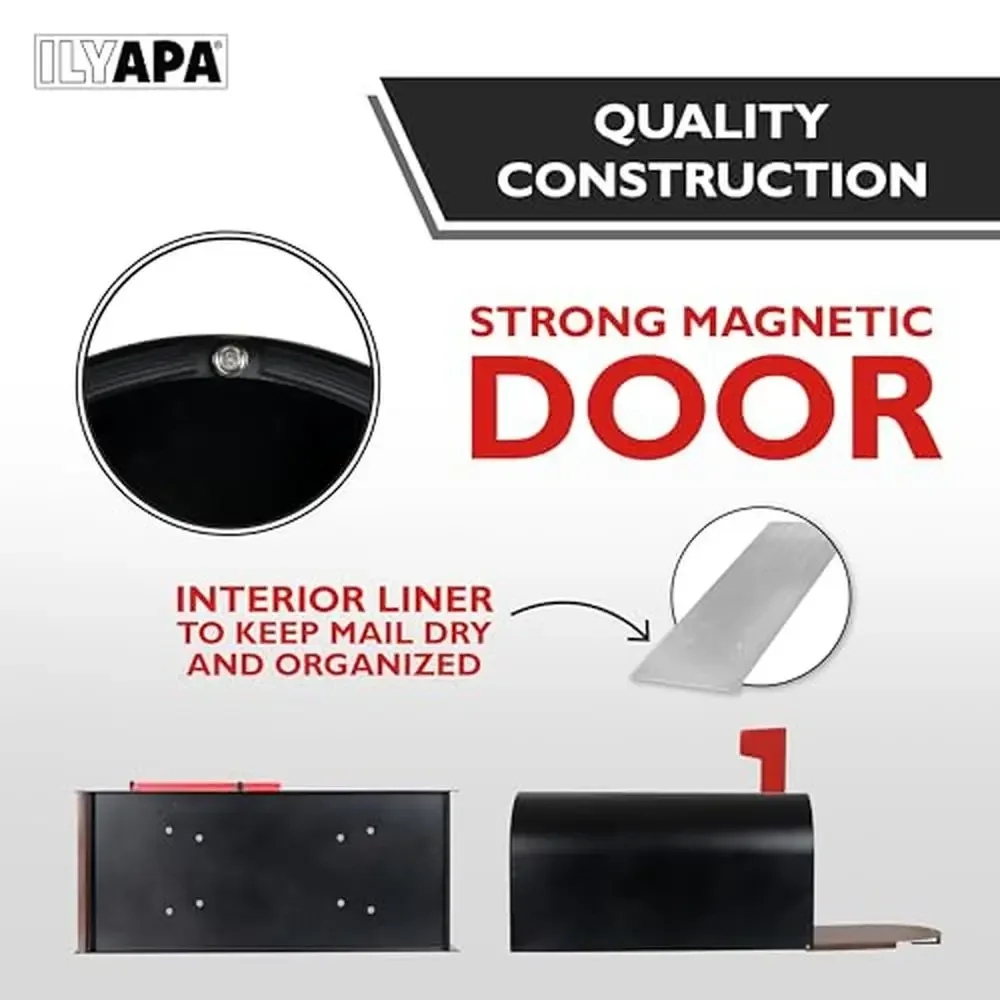 Modern Black Metal Mailbox with Wood Pattern Door Heavy Duty Steel Post Mount Outdoor Mail Box Weather Resistant Design Spacious