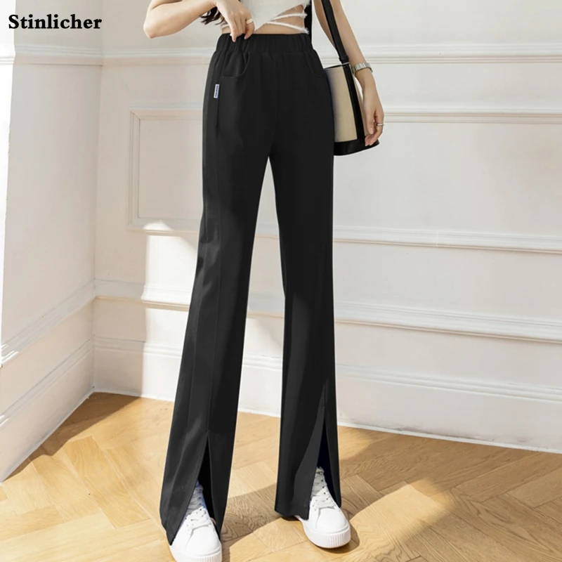 

Women Wide Leg Pants Spring Summer Flare Pants Korea Elastic High Waist Pockets Split Long Trousers Casual Bottoms All Match