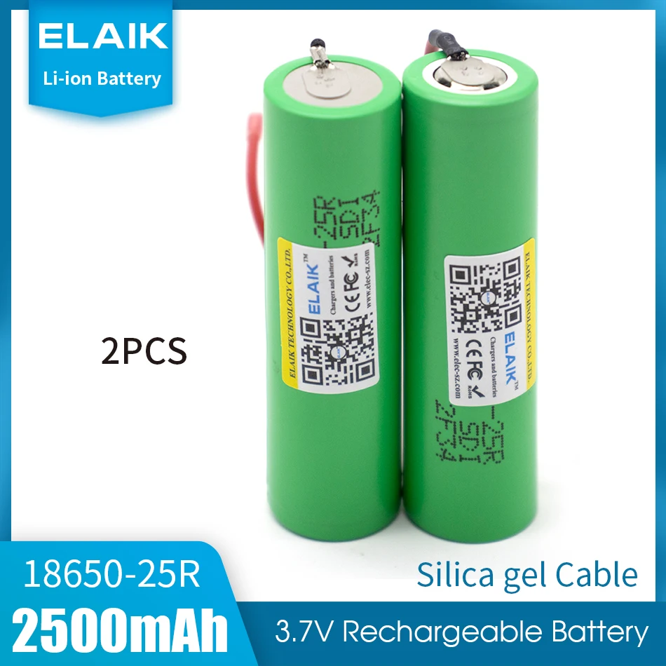 2 Pz Elaik 18650 2500Mah Batteria 3.6 V Inr18650-25R 20A Scarica + Cavo Gel Di Silice Fai Da Te
