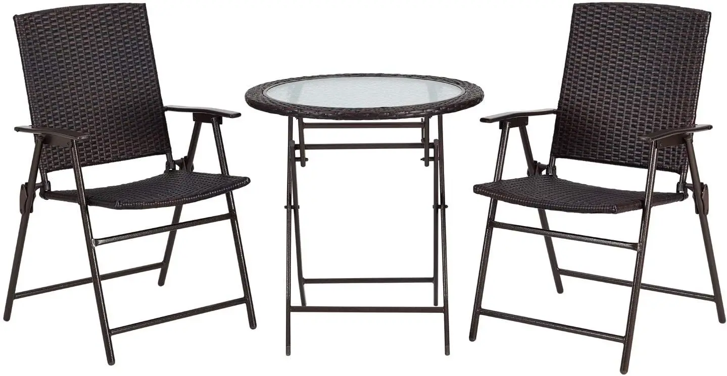 Outdoor 3 Pieces Wicker Folding Bistro Set, Balcony Table and Chairs Sets, Garden Backyard Furniture