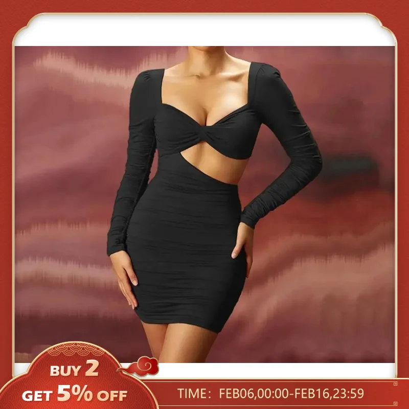 Minivestido Sexy de manga larga con escote en V para mujer, vestidos cortos ahuecados con espalda descubierta para fiesta