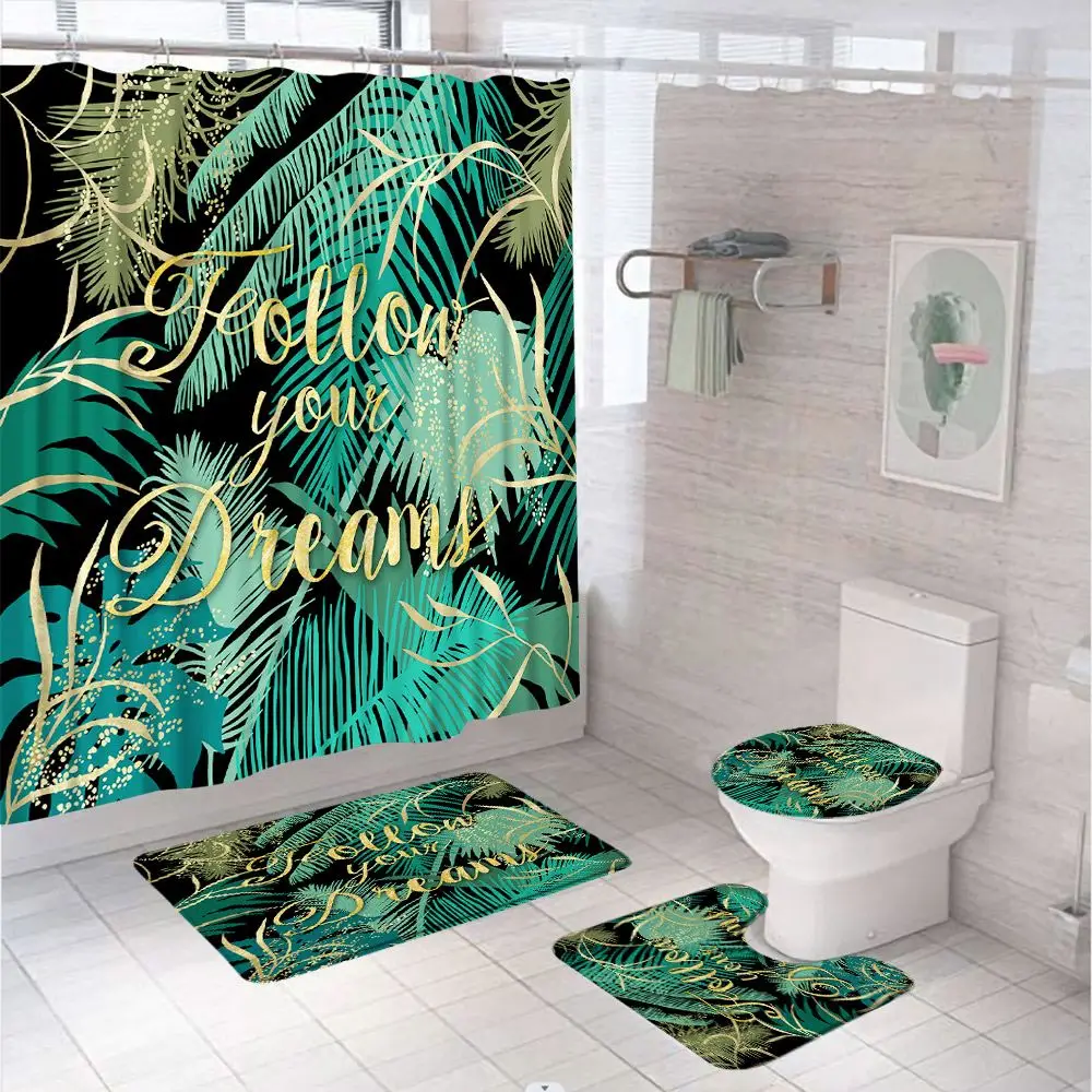 Tropical Palm Tree Bathroom Shower Curtain Set Banana Leaves Plant Jungle Bathtub Screen Anti-slip Bath Mat Toilet Lid Cover Rug